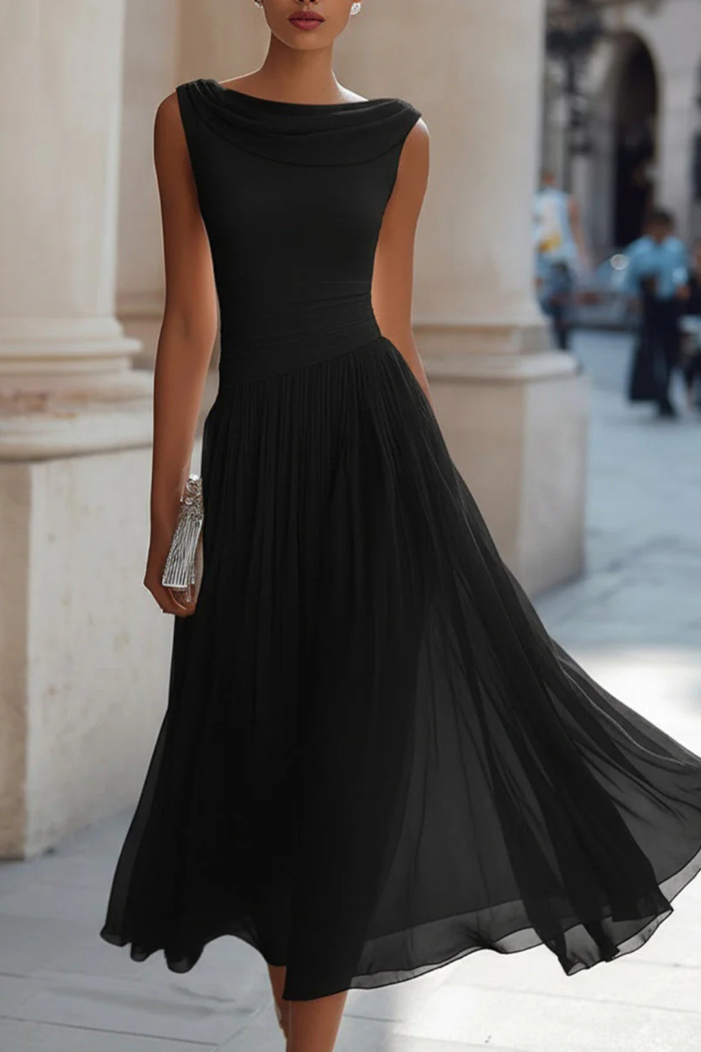 Evie | Women’s Cowl Neck Sleeveless Draped Midi Dress