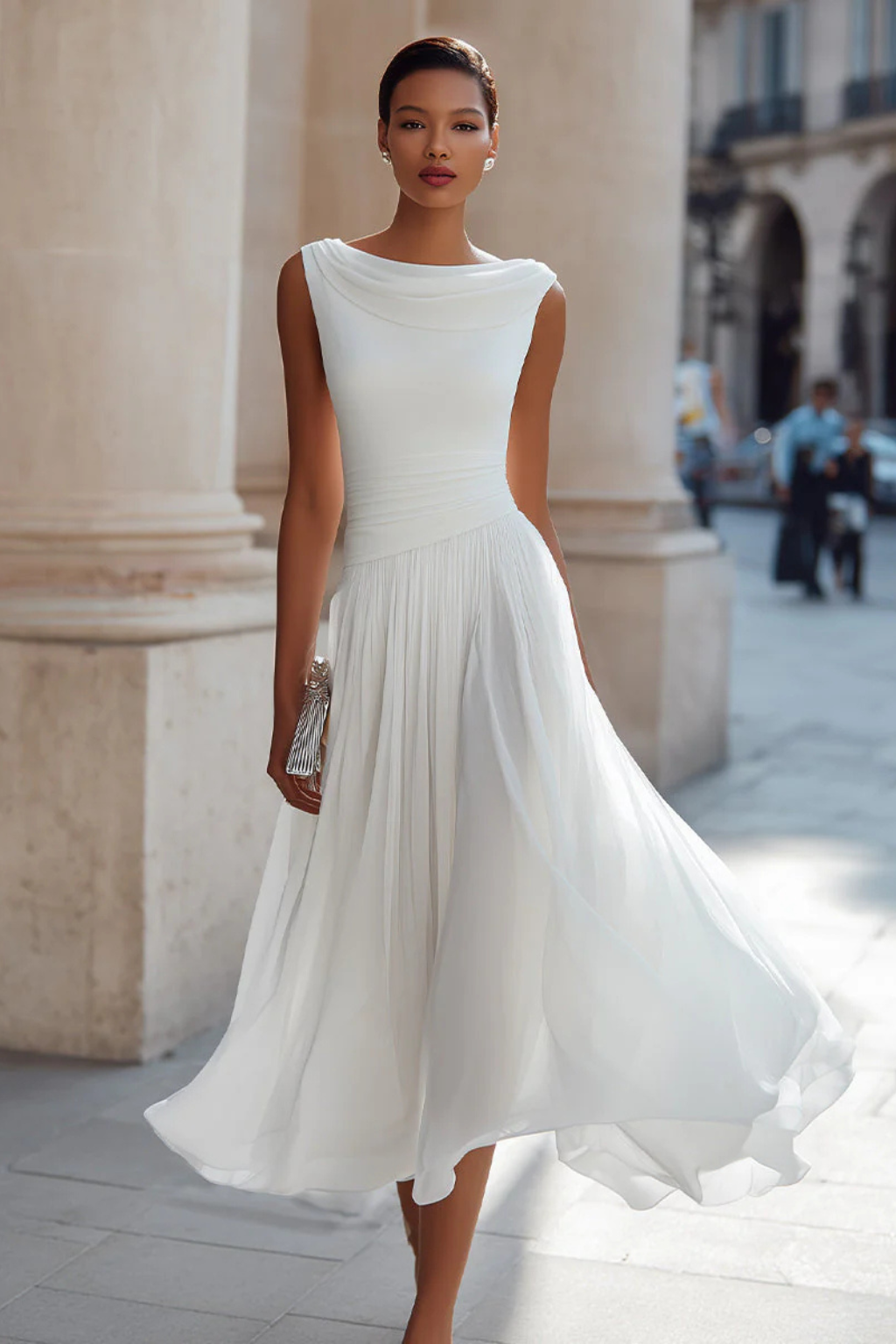 Evie | Women’s Cowl Neck Sleeveless Draped Midi Dress