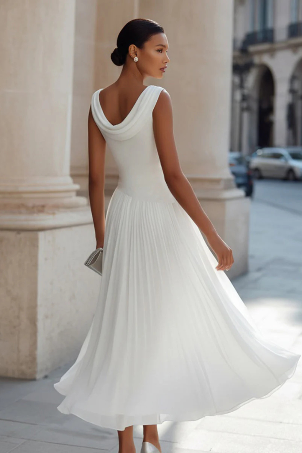 Evie | Women’s Cowl Neck Sleeveless Draped Midi Dress