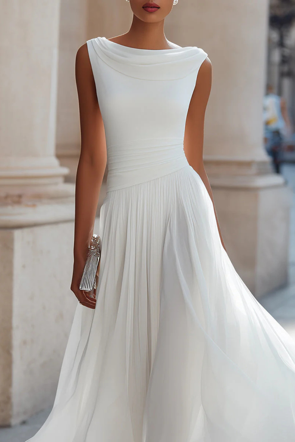 Evie | Women’s Cowl Neck Sleeveless Draped Midi Dress