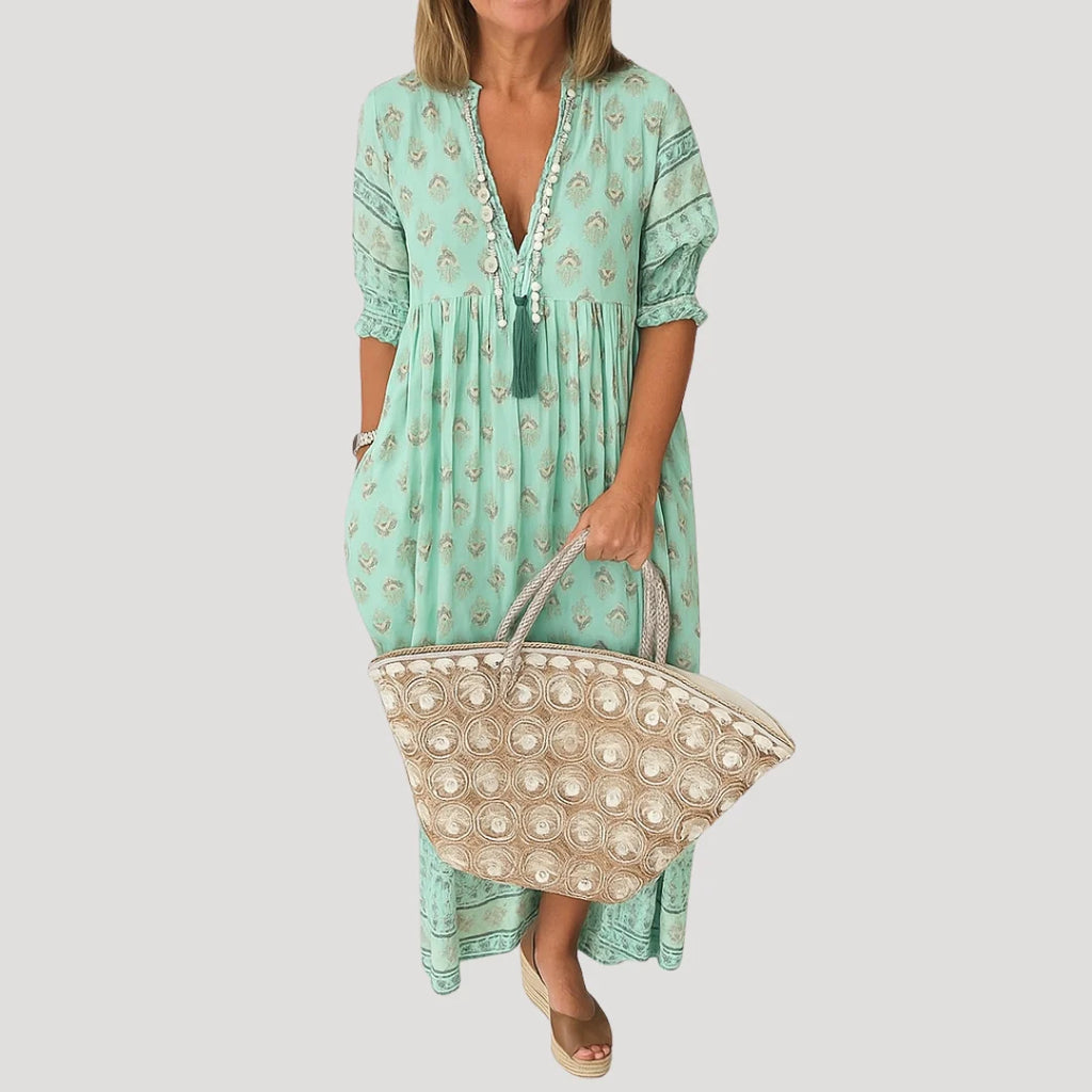 Evie | Women’s Flowy V Neck Boho Midi Dress