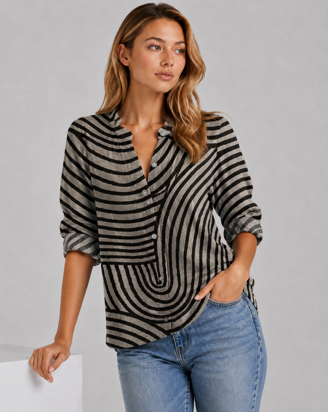 Frances | Women's V Neck Button Down Long Sleeve Shirt