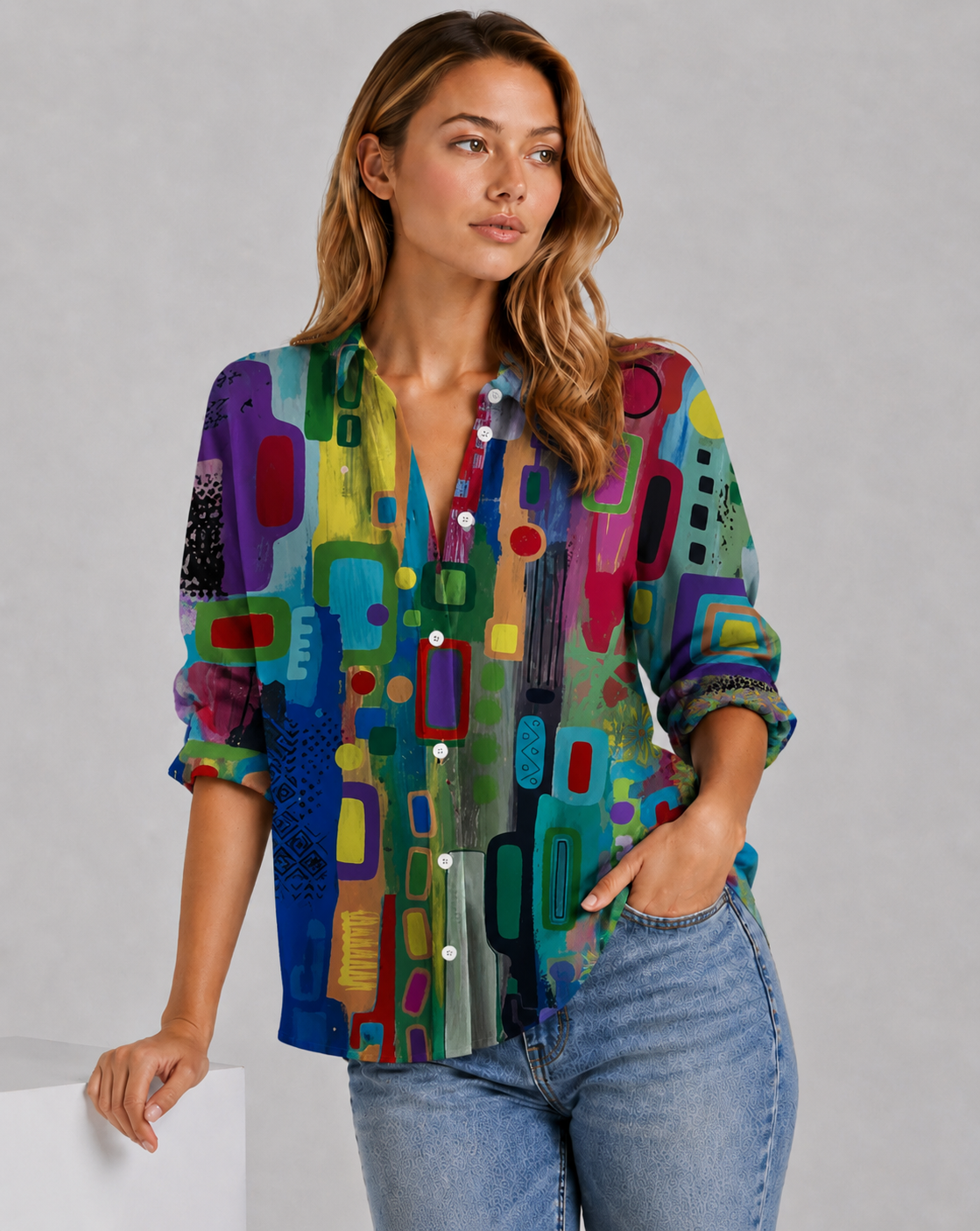 Frances | Women's V Neck Button Down Long Sleeve Shirt
