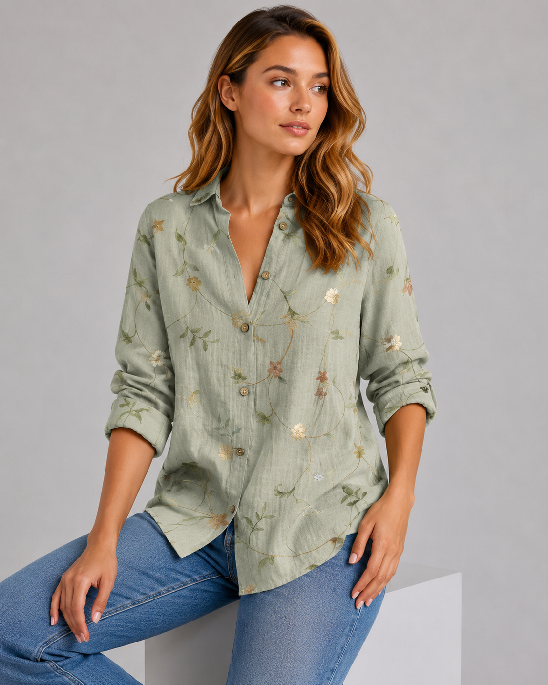 Frances | Women's V Neck Button Down Long Sleeve Shirt