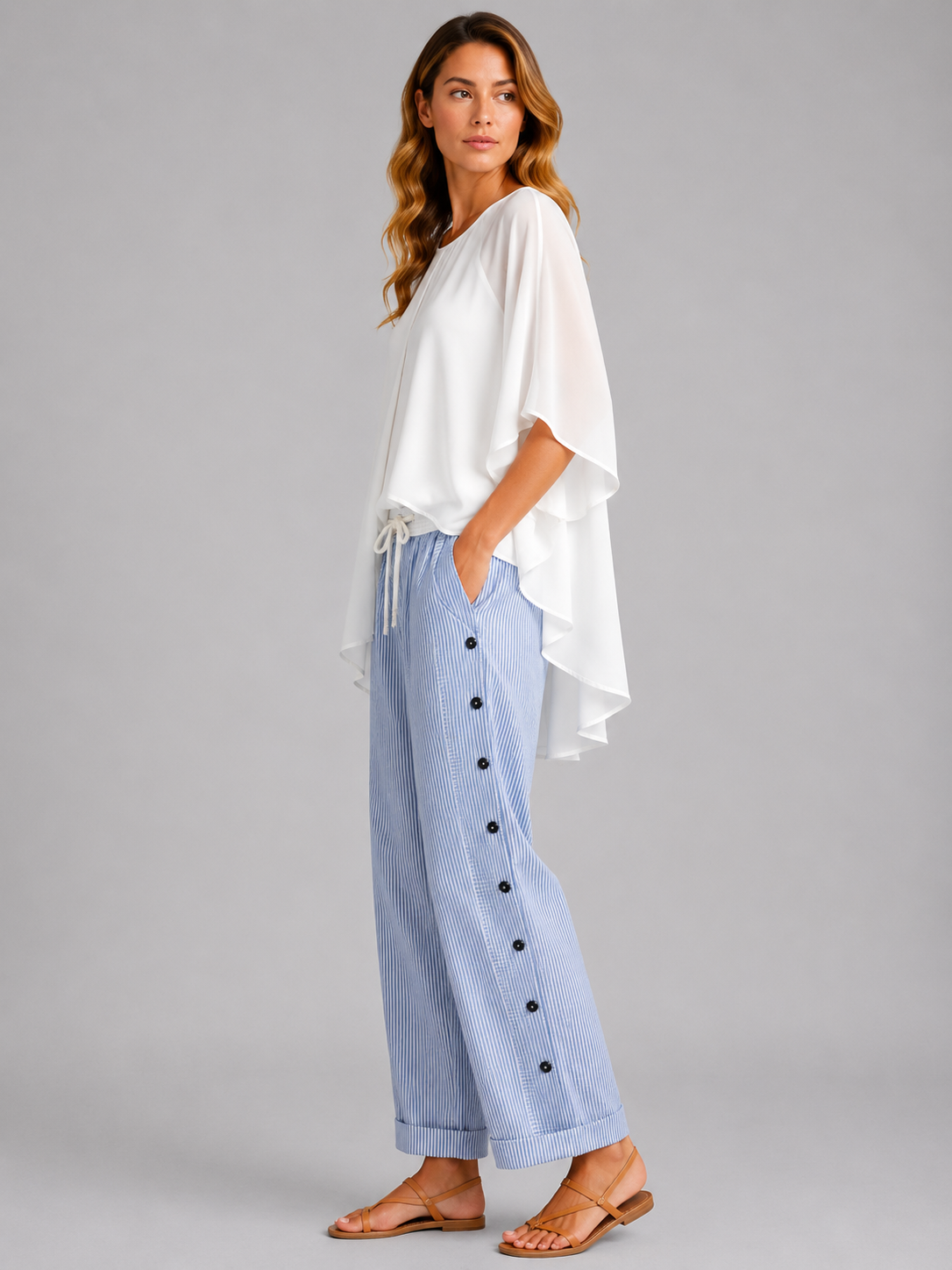 Gabrielle | Women's Side Button Striped Drawstring Trousers