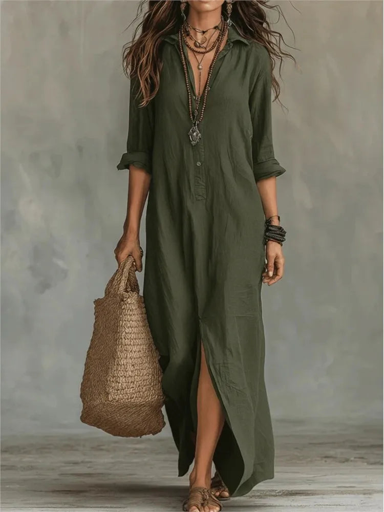 Genevieve | Women's Long Sleeve Turn Down Collar Flowy Maxi Dress