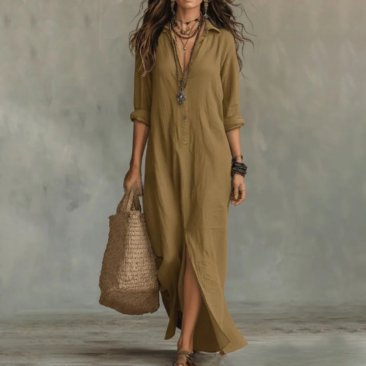 Genevieve | Women's Long Sleeve Turn Down Collar Flowy Maxi Dress