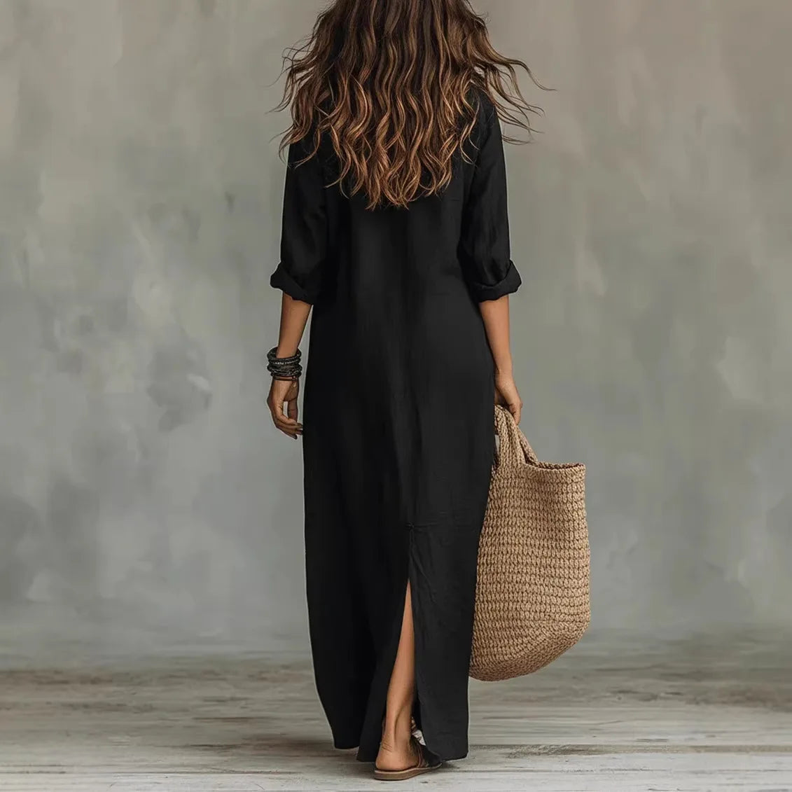 Genevieve | Women's Long Sleeve Turn Down Collar Flowy Maxi Dress