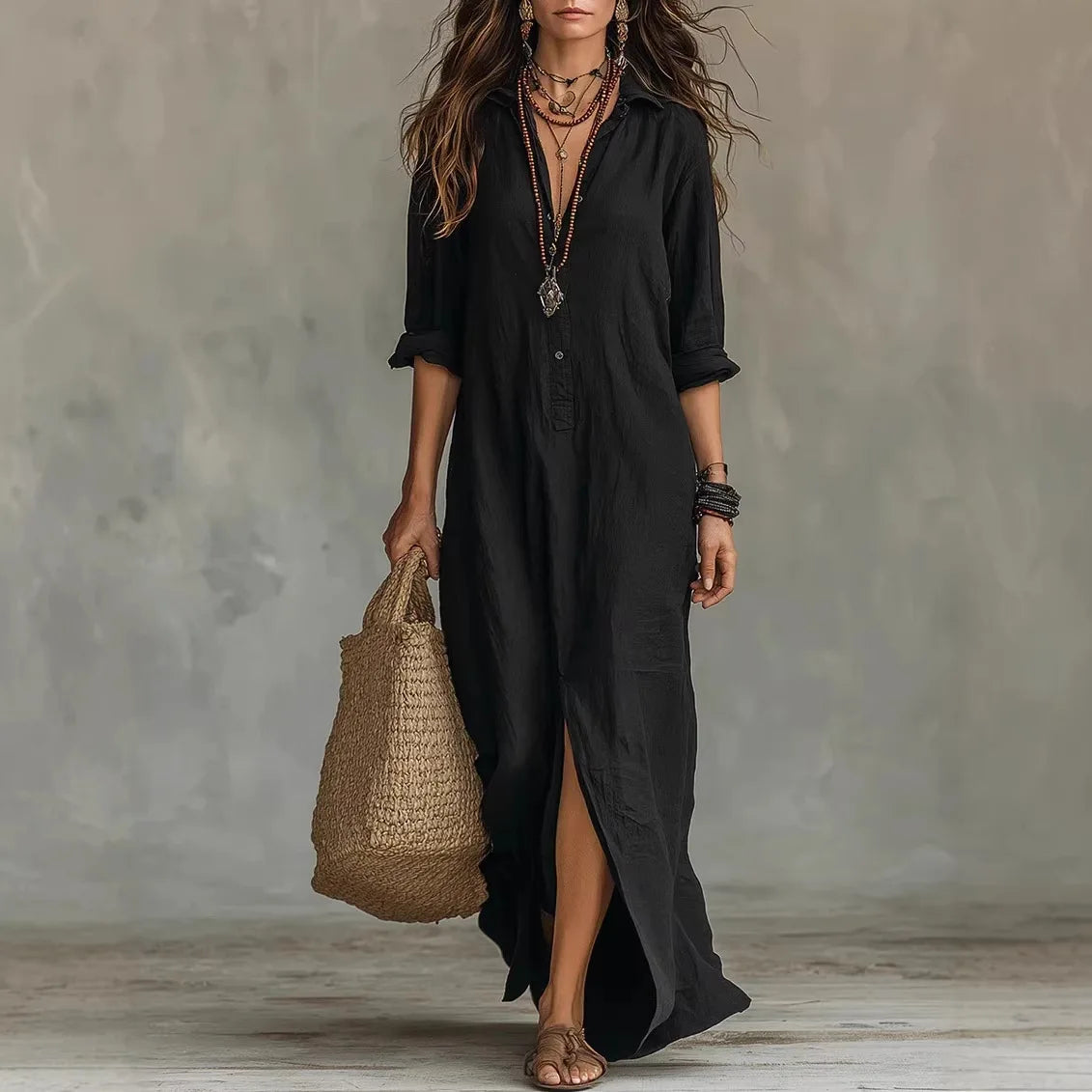 Genevieve | Women's Long Sleeve Turn Down Collar Flowy Maxi Dress