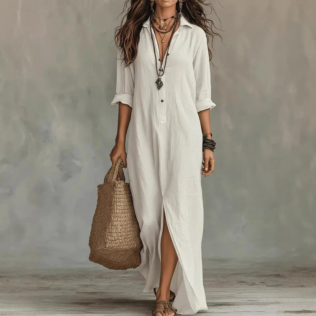 Genevieve | Women's Long Sleeve Turn Down Collar Flowy Maxi Dress