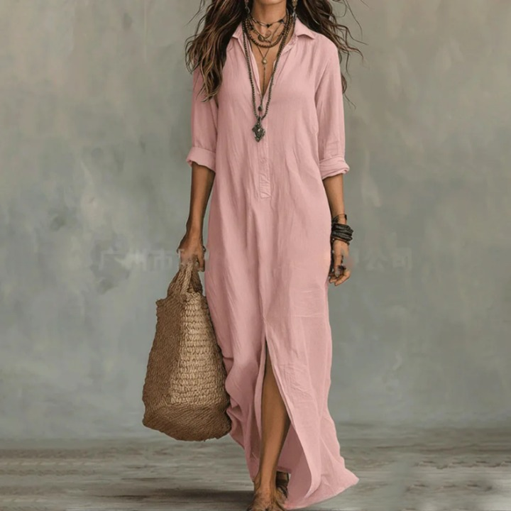 Genevieve | Women's Long Sleeve Turn Down Collar Flowy Maxi Dress