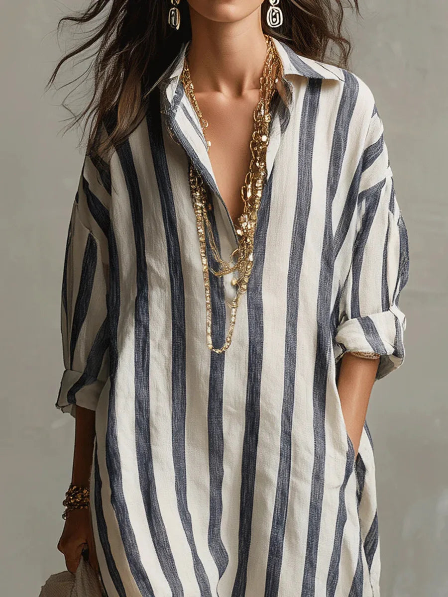 Georgia | Women's Collared Striped Long Sleeve Midi Dress