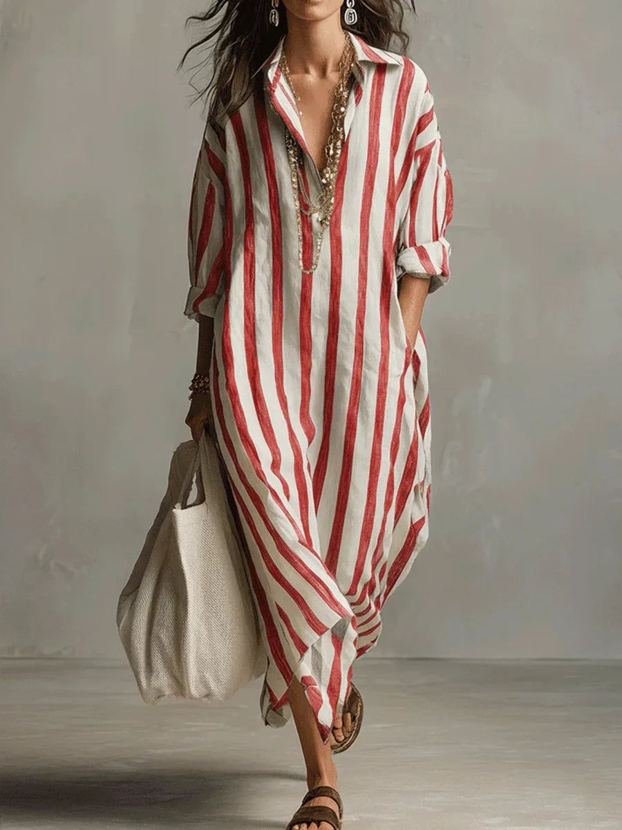 Georgia | Women's Collared Striped Long Sleeve Midi Dress