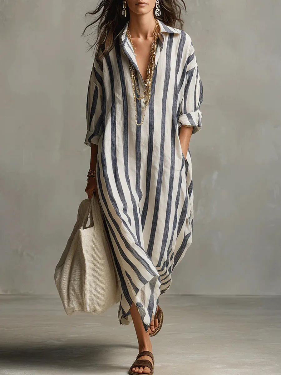 Georgia | Women's Collared Striped Long Sleeve Midi Dress