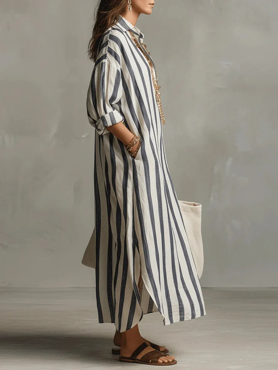 Georgia | Women's Collared Striped Long Sleeve Midi Dress