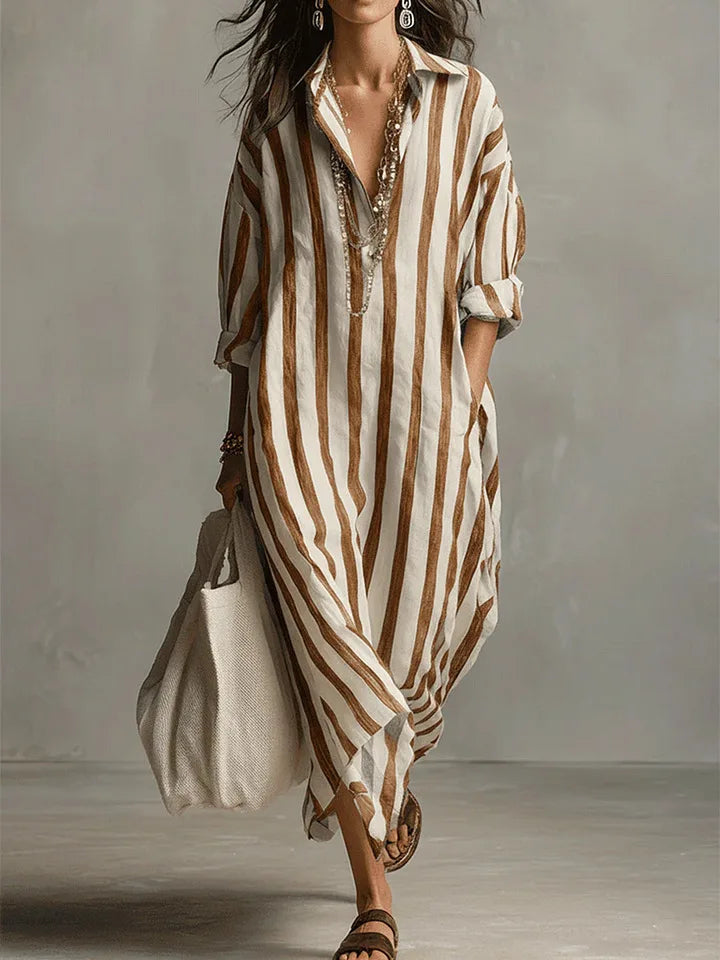 Georgia | Women's Collared Striped Long Sleeve Midi Dress