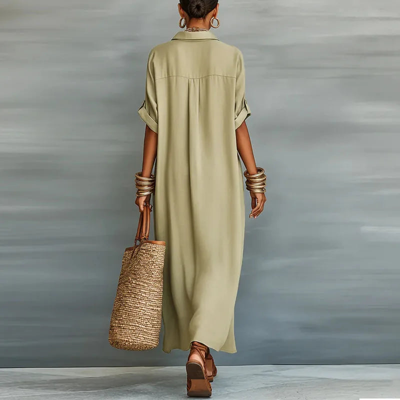Giselle | Women's Short Sleeve Pointed Collar Shirt Midi Dress