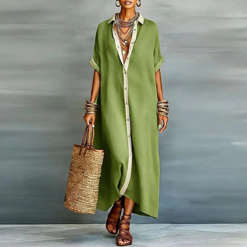 Giselle | Women's Short Sleeve Pointed Collar Shirt Midi Dress