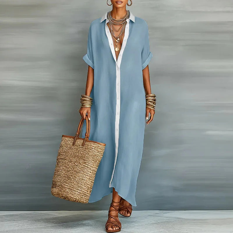 Giselle | Women's Short Sleeve Pointed Collar Shirt Midi Dress