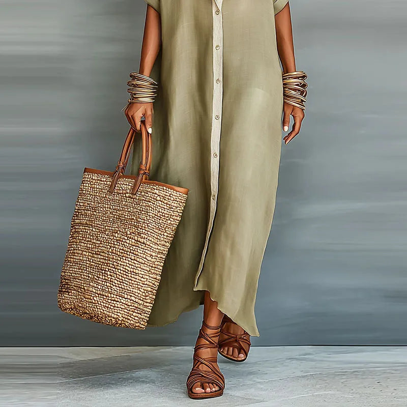 Giselle | Women's Short Sleeve Pointed Collar Shirt Midi Dress