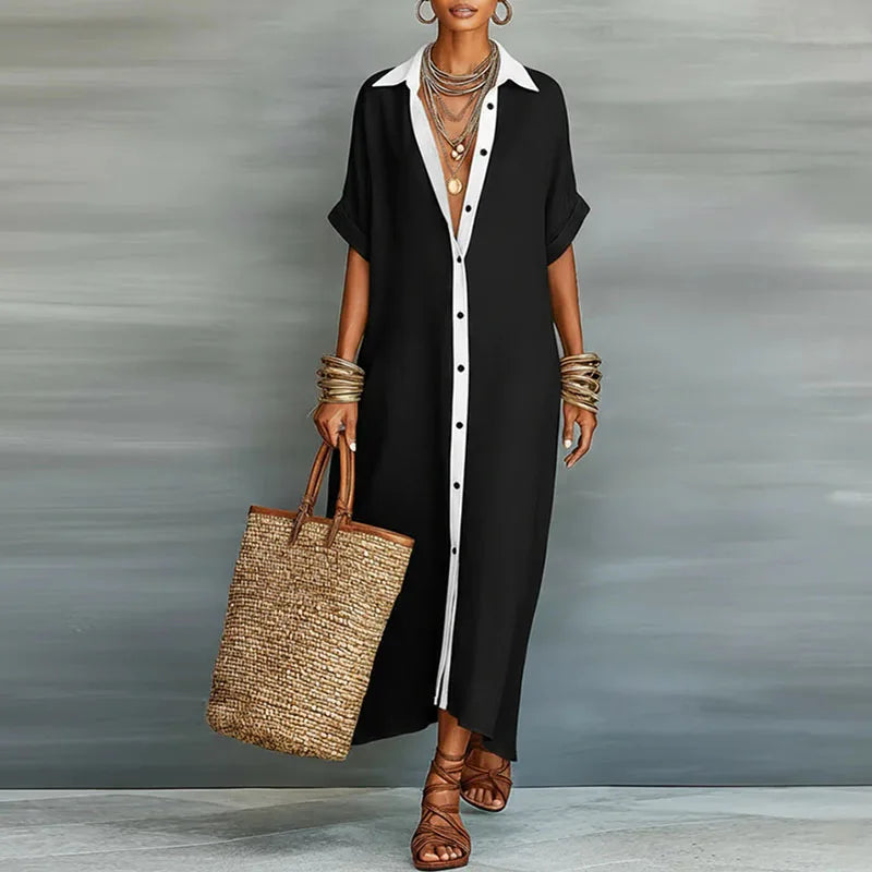 Giselle | Women's Short Sleeve Pointed Collar Shirt Midi Dress