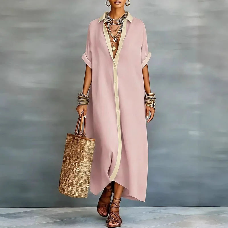 Giselle | Women's Short Sleeve Pointed Collar Shirt Midi Dress