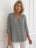 Gwenllian | Women's Vertical Stripe V-Neck Button Front Blouse