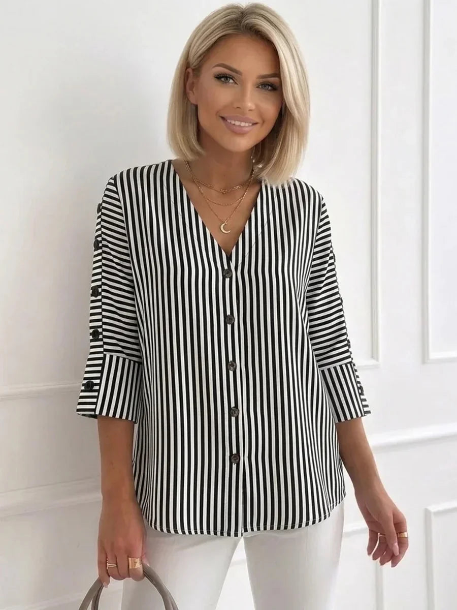 Gwenllian | Women's Vertical Stripe V-Neck Button Front Blouse