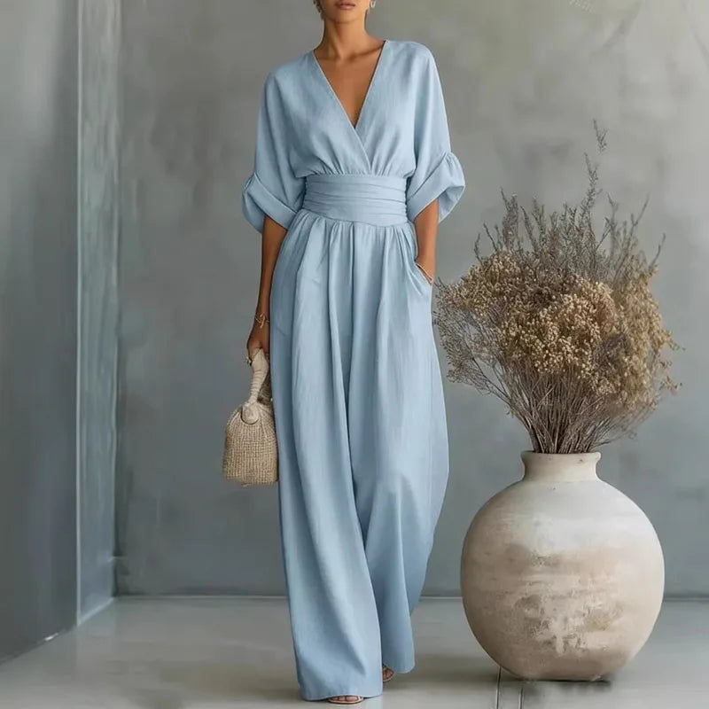Henrietta | Women's V-Neck High Waist Wide Leg Jumpsuit