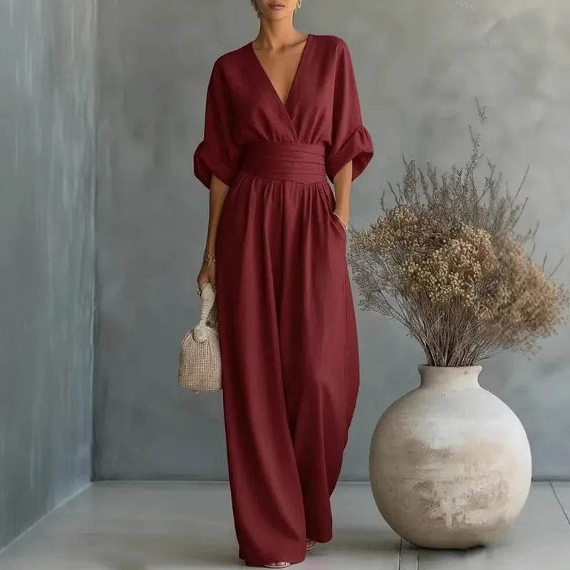 Henrietta | Women's V-Neck High Waist Wide Leg Jumpsuit