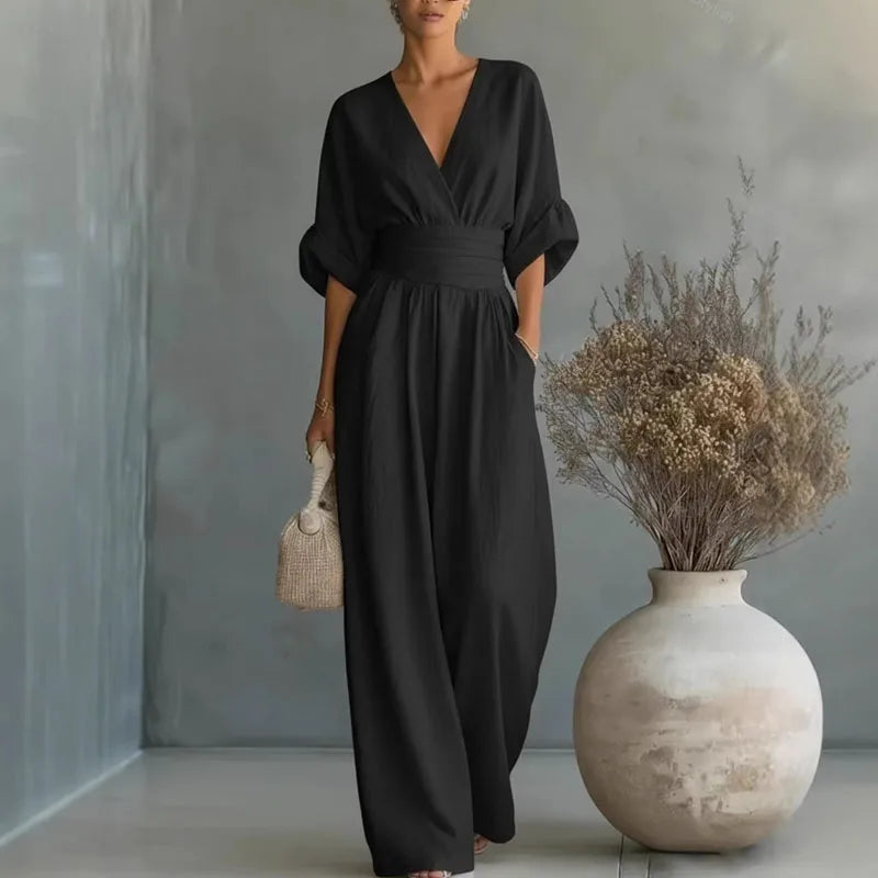 Henrietta | Women's V-Neck High Waist Wide Leg Jumpsuit