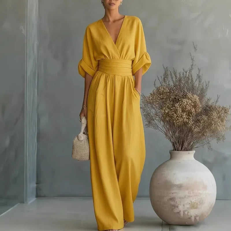 Henrietta | Women's V-Neck High Waist Wide Leg Jumpsuit