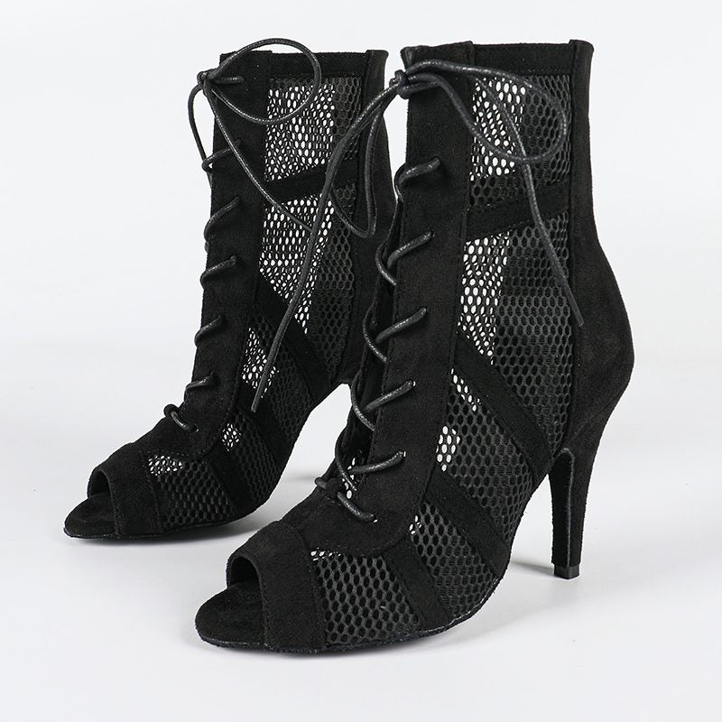 Ingrid | Women's Open Toe Mesh Cutout High Lace Up Dance Heels