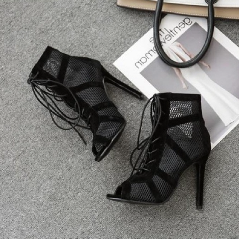 Ingrid | Women's Open Toe Mesh Cutout High Lace Up Dance Heels