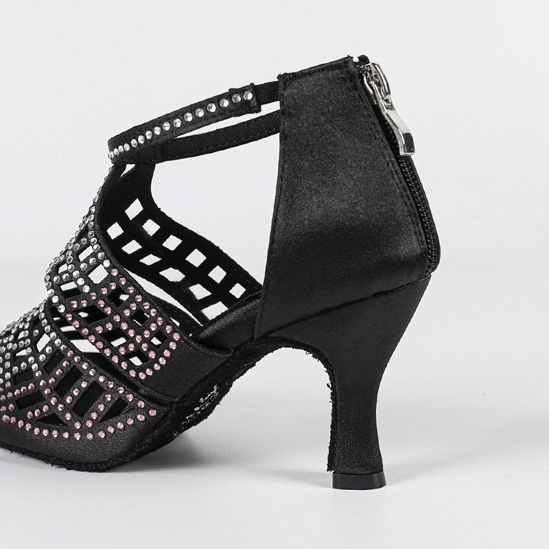 Jacqueline | Women's Open Toe Zip Up Black Dance Heels