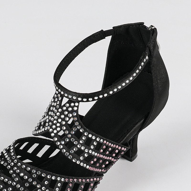 Jacqueline | Women's Open Toe Zip Up Black Dance Heels