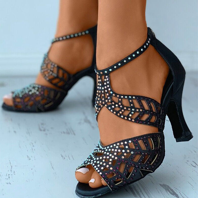 Jacqueline | Women's Open Toe Zip Up Black Dance Heels