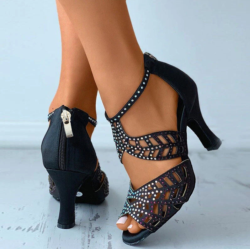 Jacqueline | Women's Open Toe Zip Up Black Dance Heels