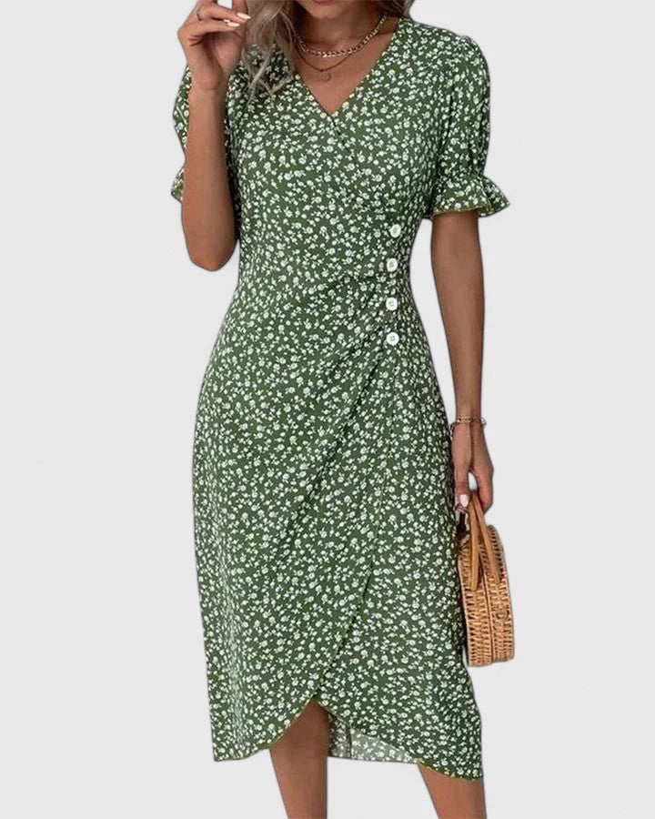 Joyce | Women's Floral Button Front Short Sleeve V Neck Midi Dress
