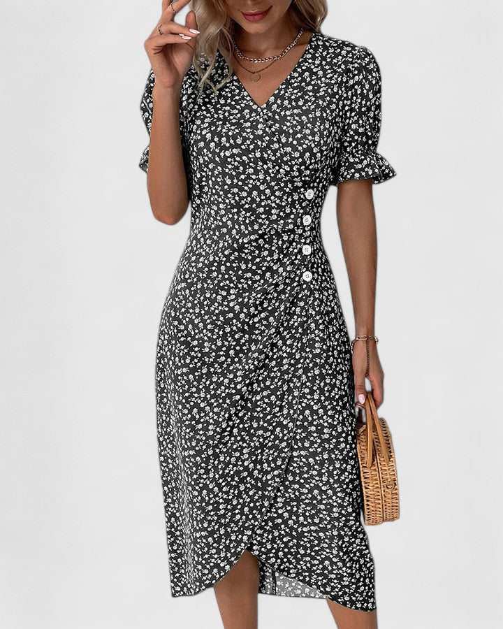 Joyce | Women's Floral Button Front Short Sleeve V Neck Midi Dress