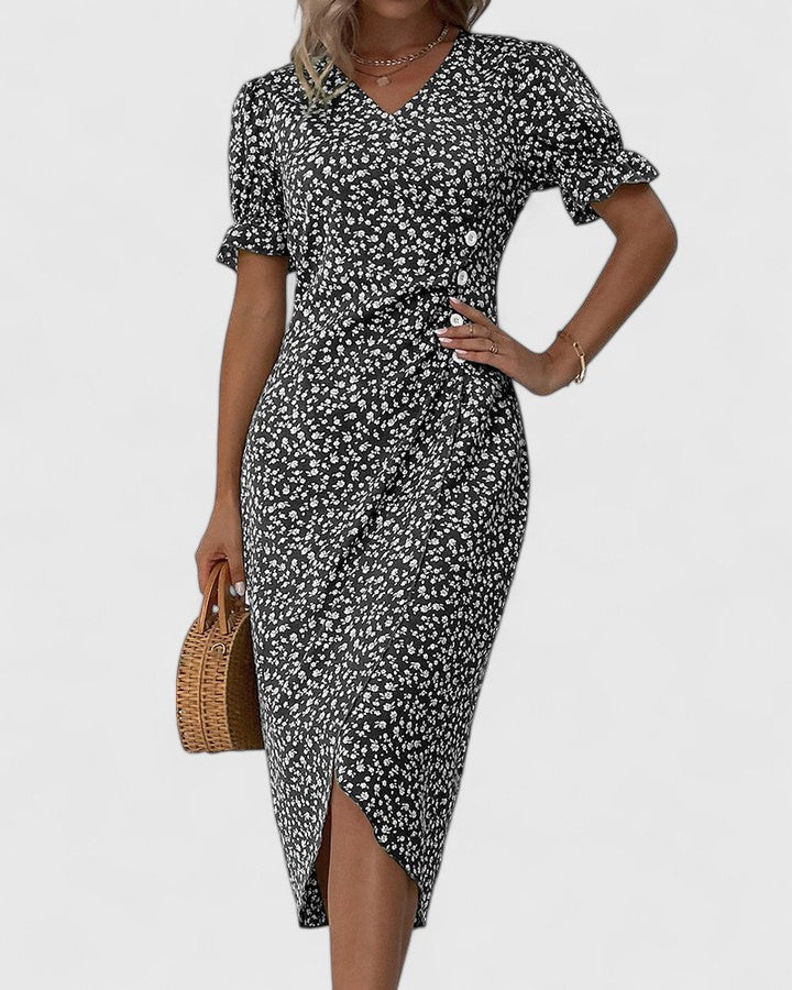 Joyce | Women's Floral Button Front Short Sleeve V Neck Midi Dress