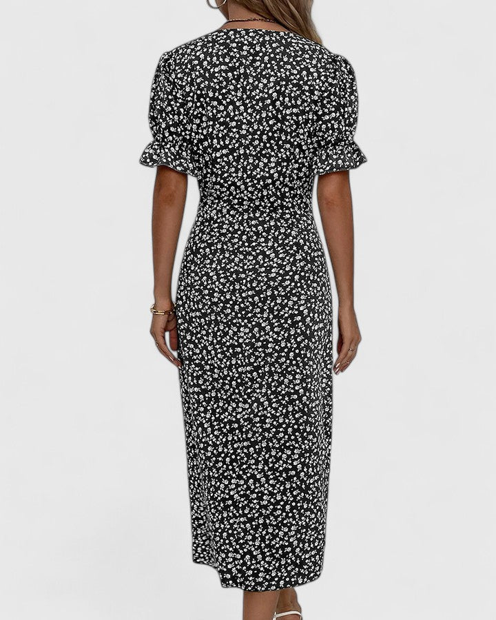 Joyce | Women's Floral Button Front Short Sleeve V Neck Midi Dress