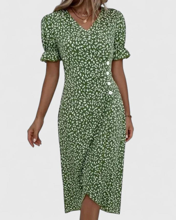 Joyce | Women's Floral Button Front Short Sleeve V Neck Midi Dress