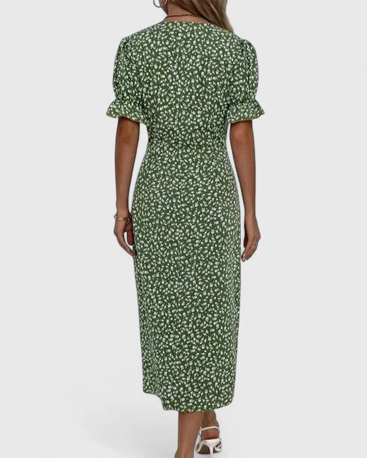 Joyce | Women's Floral Button Front Short Sleeve V Neck Midi Dress