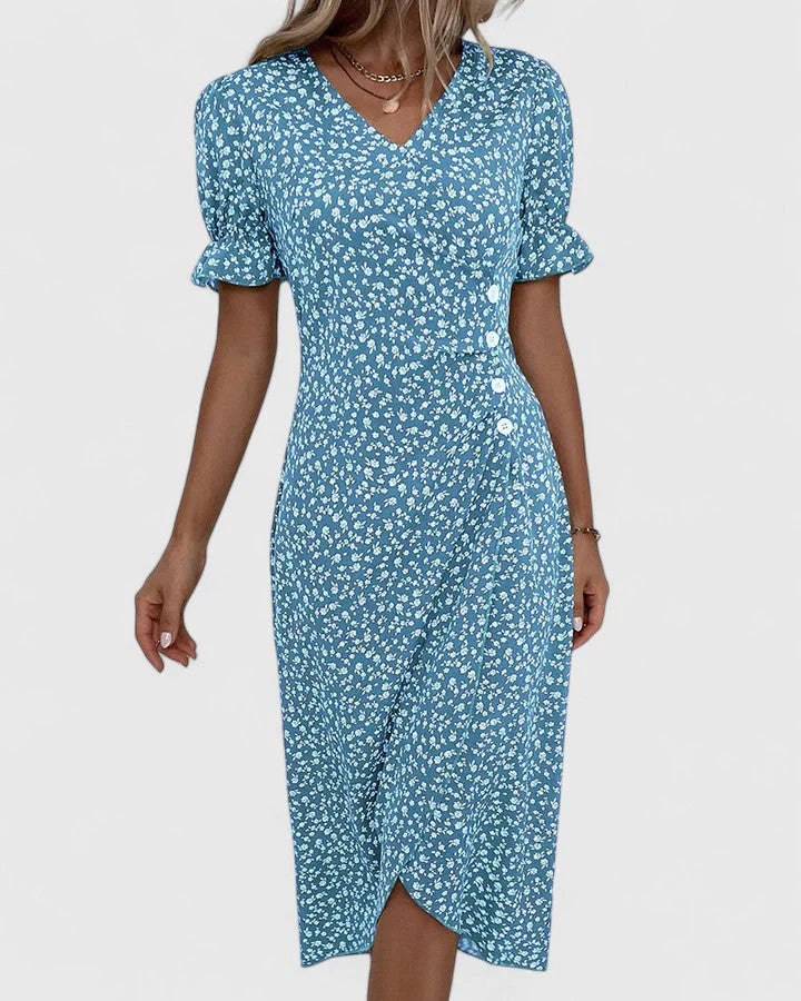 Joyce | Women's Floral Button Front Short Sleeve V Neck Midi Dress