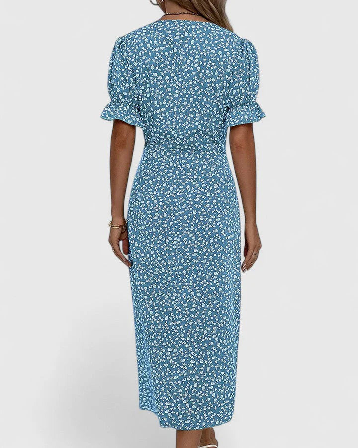 Joyce | Women's Floral Button Front Short Sleeve V Neck Midi Dress