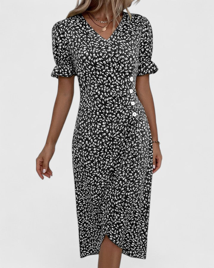 Joyce | Women's Floral Button Front Short Sleeve V Neck Midi Dress