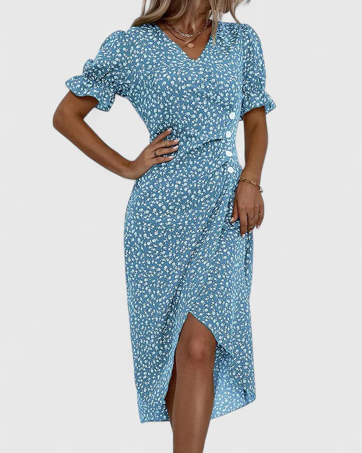 Joyce | Women's Floral Button Front Short Sleeve V Neck Midi Dress