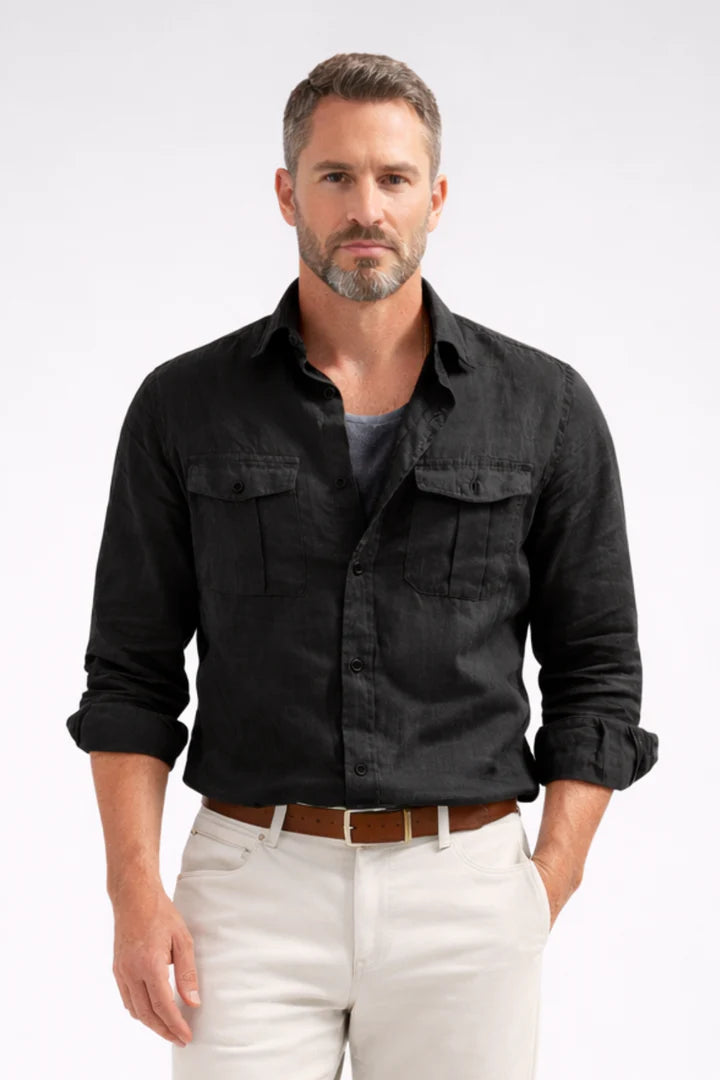 Karmelo | Men’s Button Front Long Sleeve Pointed Collar Pockets Shirt