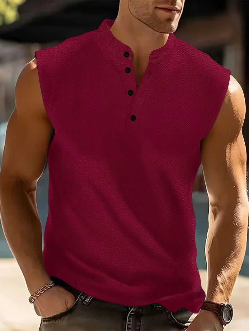 Karsten | Men's Band Collar Button Front Sleeveless Slim Fit T-Shirt